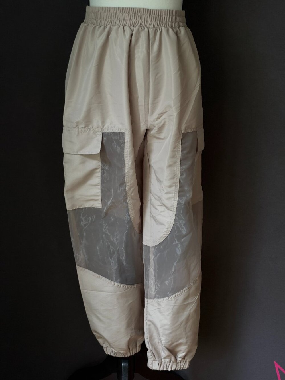 Weissman Beige Shiny Sheer Organza Inset Cargo Pants Hip Hop Dance Costume XSA